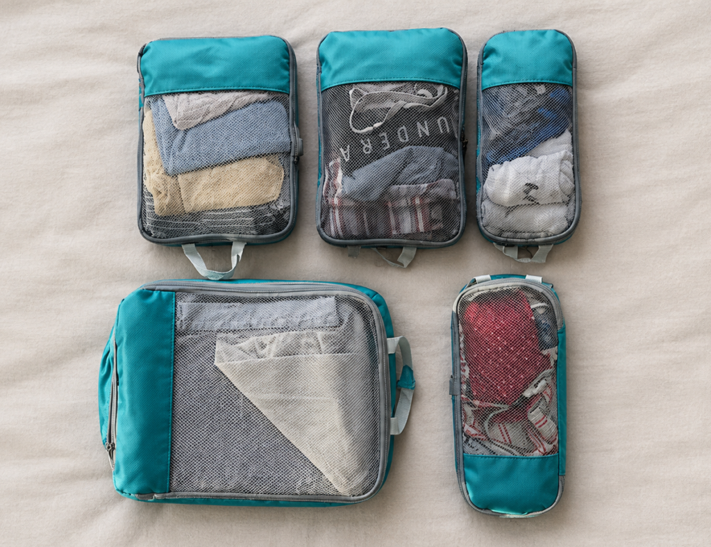 tidy teal packing cube layout